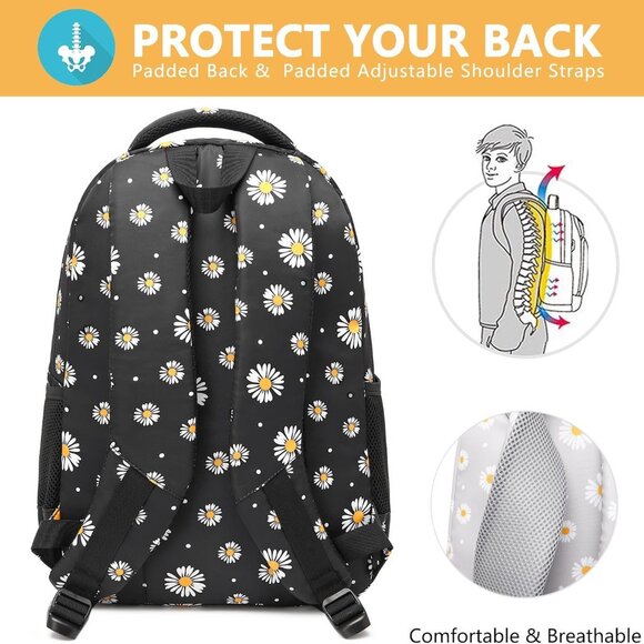 Createy Girls Daisy Backpack, Lunch Box, Pencil Case 3Pcs Black or Gray - Picture 4 of 15